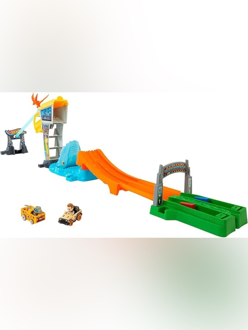 Hot Wheels Track Set & Toy Cars, RacerVerse Jurassic World Blue’s Raptor Rush